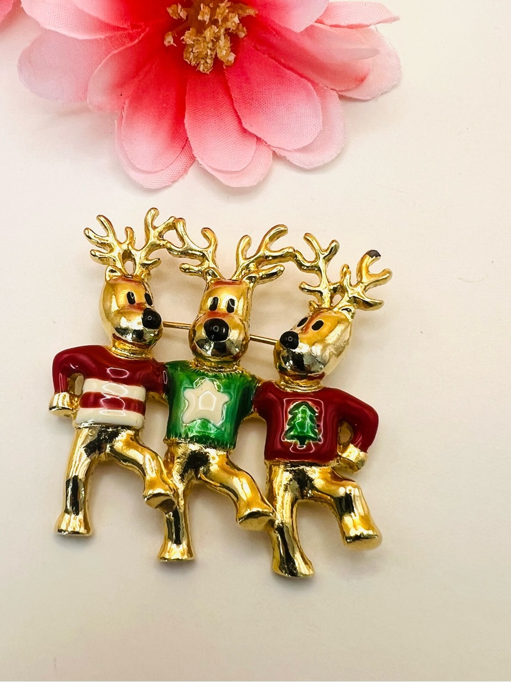 Festive Gold Reindeer Trio Pin - Red & Green Holiday Brooch